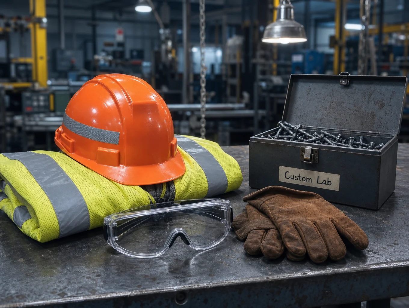 Industrial impact eye protection and Kevlar reinforced gloves