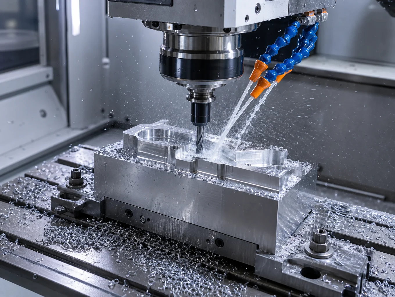 CNC machining center cutting aluminum alloy with flood coolant