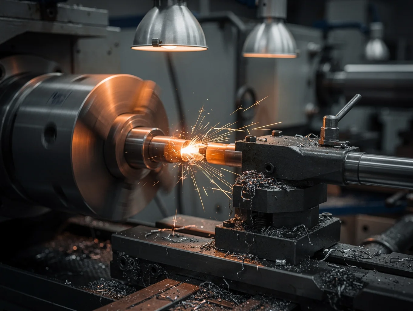 Industrial metal lathe turning solid steel shaft with chips flying
