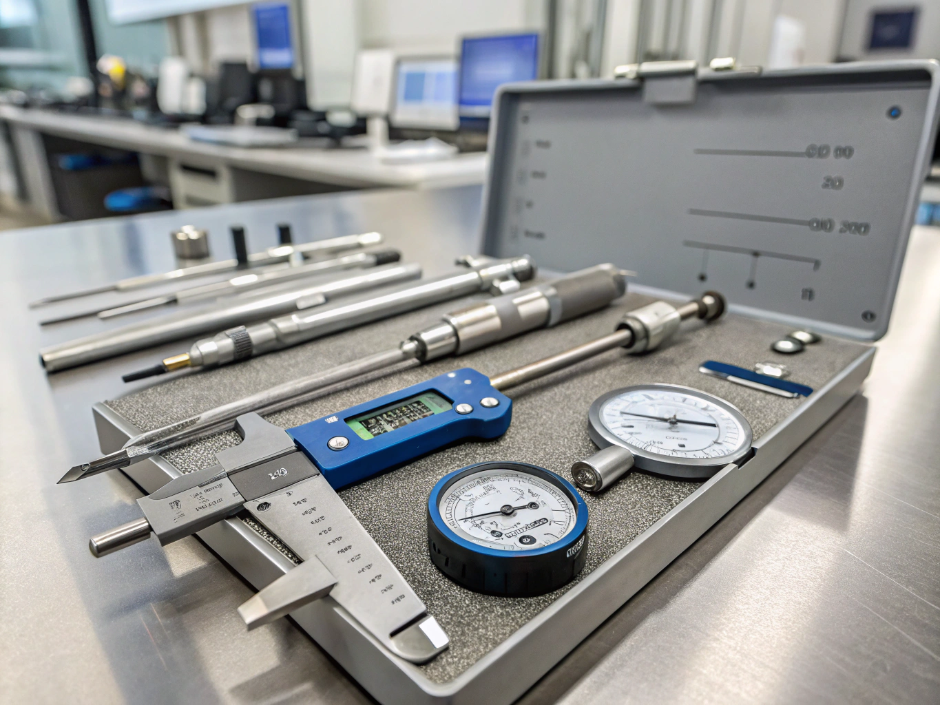 Machinist measuring precision machined component on surface plate