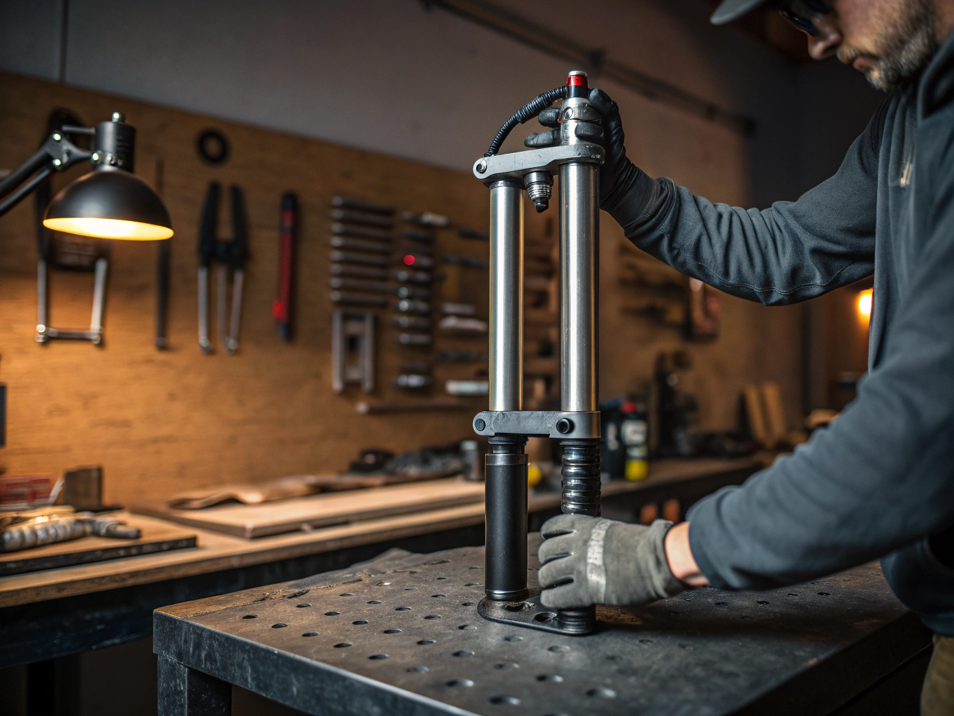 Technician tightening suspension bolts with calibrated torque wrench